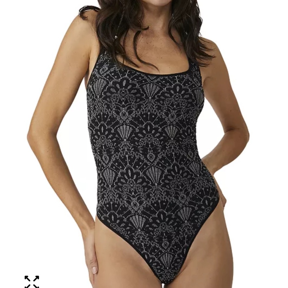 Free People Black and Gray Patterned Bodysuit
